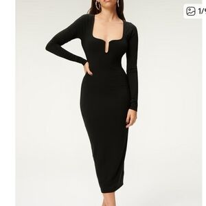Good American U Ring Compression Square Neck Long Sleeve Midi Sheath Dress